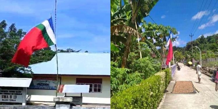 Foto Istimewa: Kiri-Kanan : Bendera RMS di Kibarkan setengah Tiang di  SMA 19 Maluku Tengah dan Bendera RMS di kibarkan di tengah perkampungan warga Negeri Aboru.