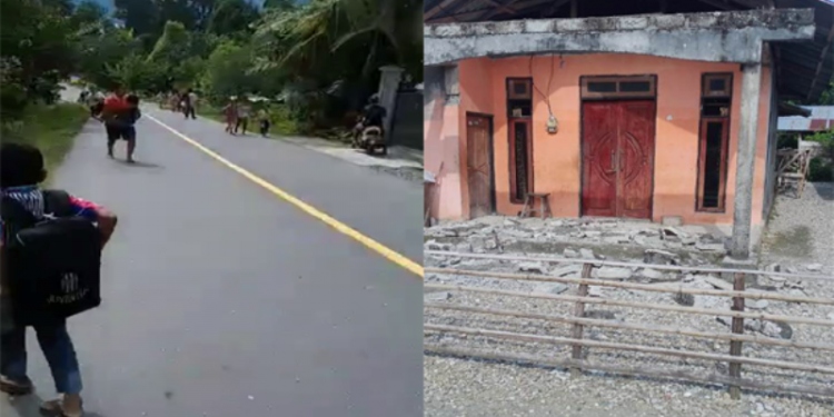 Foto Kiri ke Kanan : Warga berlarian dan berhamburan di jalan untuk menyelamatkan diri di dataran tinggi setelah diguncang gempa M6,1  dan Foto rumah yang hancur setelah diguncang gempa