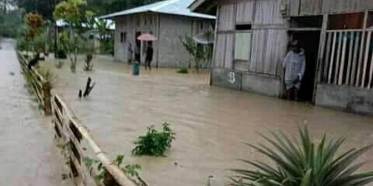 Puluhan rumah warga Desa Sabuai, Kecamatan Siwalalat, Seram Bagian Timur, terlihat terendam banjir setelah diguyur hujan sejak kamis malam