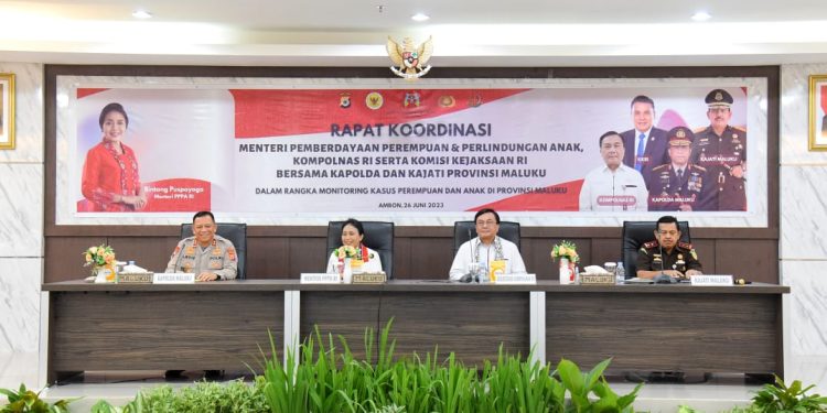 Rapat Koordinasi Menteri PPPA bersama Kapolda Maluku, Ketua Harian Kompolnas RI, dan Kejati Maluku di Markas Polda Maluku di kota Ambon, Senin (26/6/2023).