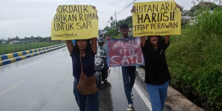 Sambil bentangkan sejumlah Pamflet dan spanduk, Mahasiswa melakukan pawai menolak investasi peternakan sapi di Kabupaten Kepulauan Aru, Rabu (22/5/2024). Foto: John