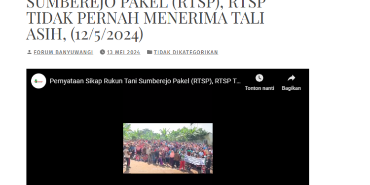 Foto tangkapan layar dari video forum banyuwangi tentang Pernyataan Sikap Rukun Tani Sumberejo Pakel (RTSP), RTSP Tidak Pernah Menerima Tali Asih, (12/5/2024)