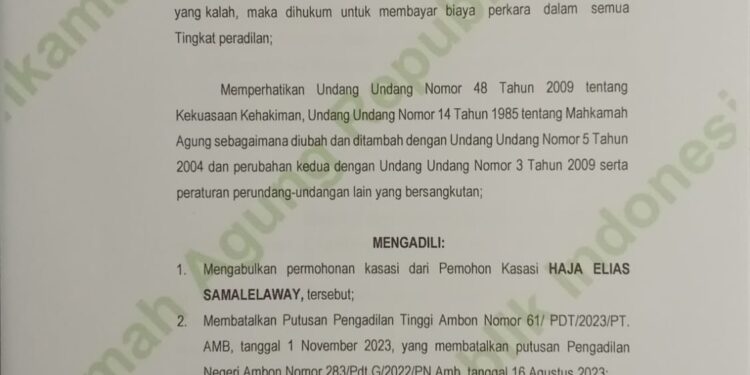 Keterangan Gambar : Dokumen Putusan MA yang diduga telah beredar luas sehingga menciptakan kesimpang siuran. ( Doc)