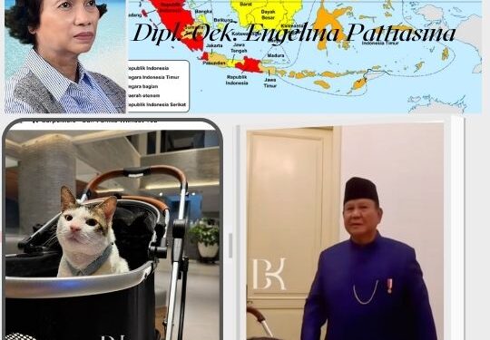 Foto Utama Dari Kiri-Kanan: Penulis, Dipl.-Oek. Engelina Pattiasina, Peta Republik Indonesia Serikat versi Wikipedia Ensiklopedia Bebas, Kiri Bawah dan Kanan Bawah: Kucing Bobby Kertanegara  dan Presiden Prabowo Bersama BK Usai Pelantikan Presiden (Sumber foto: Instagram Bobby_Kertanegara)