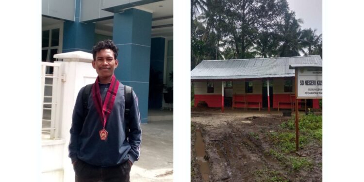 Keterangan foto dari Kiri ke kanan: Ipan Latbual, mahasiswa Fakultas Ilmu Sosial dan Ilmu Politik dari Universitas Pattimura- Kondisi Sekolah Dasar (SD) Negeri Kusu-Kusu, yang terletak di Desa Persiapan Leahoni, Kecamatan Waesama, Kabupaten Buru Selatan (Bursel), Maluku.