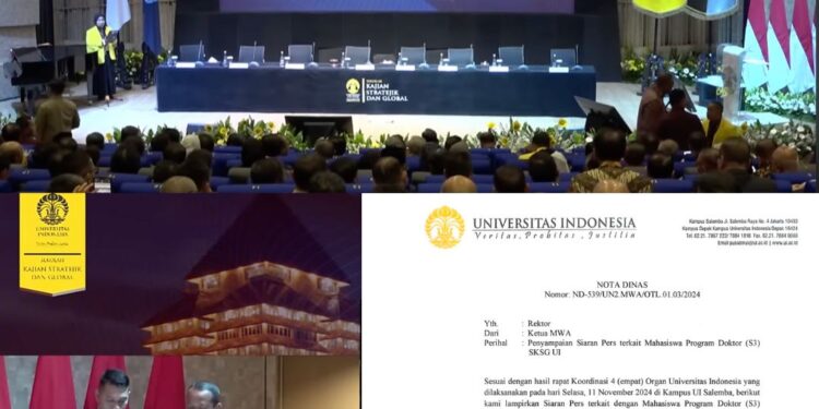 Foto: Tangkapan gambar suasana Sidang Terbuka Promosi Doktor SKSG UI Bahlil Lahadalia, S.E., M.Si dan Surat penangguhan gelar Doktor Dewan Etik Universitas Indonesia