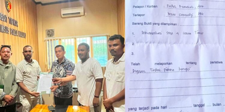 Ketgam: Kiri-Kanan: Tiga lembaga swadaya masyarakat (LSM) resmi melaporkan Mantan Plt Kepala Dinas Pendidikan dan Kebudayaan Provinsi Maluku, Insun Sangadji,  ke Ditreskrimsus Polda Maluku atas dugaan korupsi dalam proyek rehabilitasi Gedung SMA Negeri 4 Kabupaten Seram Bagian Timur (SBT) senilai Rp 7,9 miliar